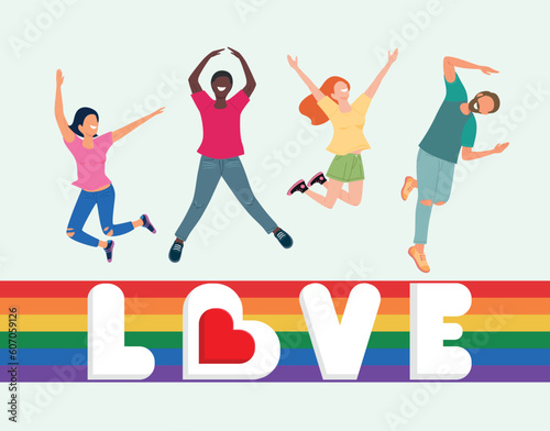 Happy people in love body jumping on Lgbt rainbow flag and letters, lgbt support concept. Illustration, Poster, Postcard, Vector, Tshirt, Background or wallpaper. 