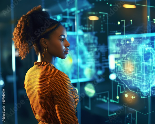 Young Black Female Uses Artificial Intelligence in System Control Monitoring Center. In the Background with Many Displays Showing Technical Data.