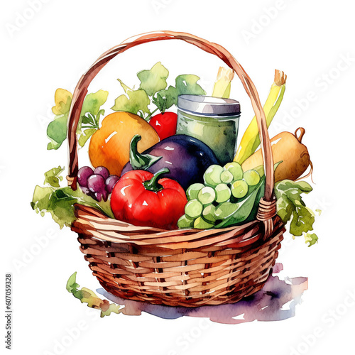 AI Generated Vegetable Basket  Colorful Watercolor Illustration of Fresh Produce in Rustic Style