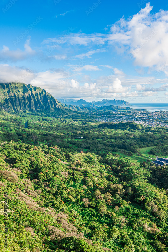 Panoramic aerial image from the Pali Lookout on the island of Oahu in Hawaii.