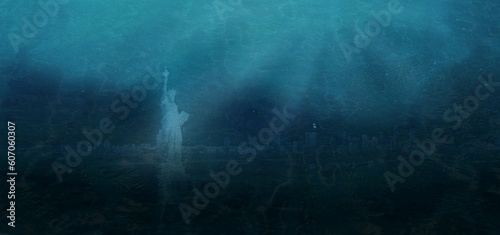 dystopian image that emulates the statue of liberty in New York submerged by the melting of the poles due to climate change