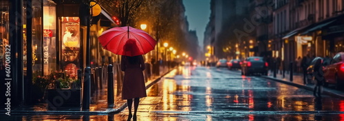 evening rainy new york city street , in hight modern building windows people silhouette, car traffic light ,romanticman and woman couple,people silhouette with umbrella ,generated ai