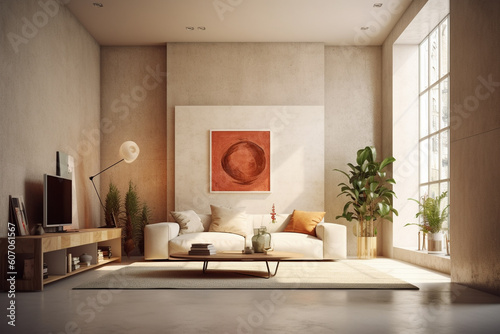 A living room with a large wall that has a plant in it and a couch.