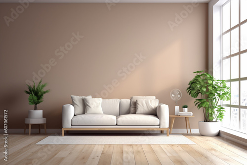 A living room with a large wall that has a plant in it and a couch.
