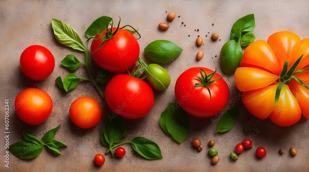 a set of tomato varieties natural organic vegetable design elements, top view / flat lay a set of tomato varieties natural organic vegetable design elements, top view / flat lay