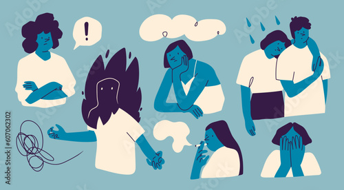 Set of frustrated unhappy people. Cartoon characters. Hand drawn Vector illustration. Bad mood, despair, sadness, confusion, depression, anger, mental health problems, psychological disorders concept