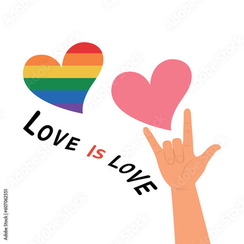 Hands make heart sign lgbt rainbow color with word love is love on white Background, lgbt support concept. Illustration, Poster, Postcard, Vector, Tshirt, Background or wallpaper. 