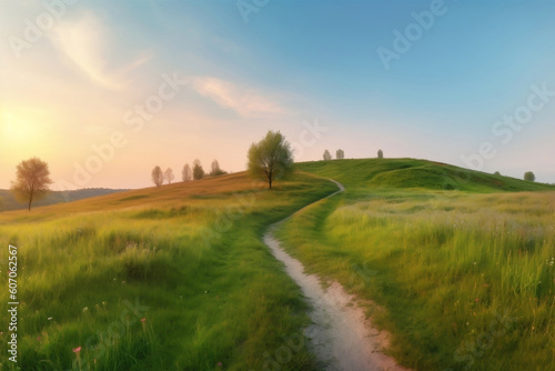 A picturesque winding path through a field with green grass. 