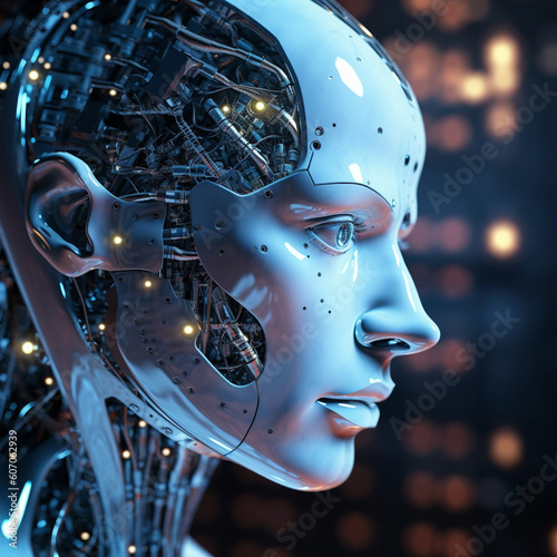 Female Robot face representing artificial intelligence created using Generative AI technology