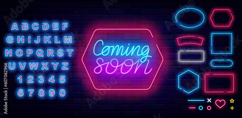Coming soon neon label. Geometric frames collection. Party and sale prepare. Event celebration. Vector illustration