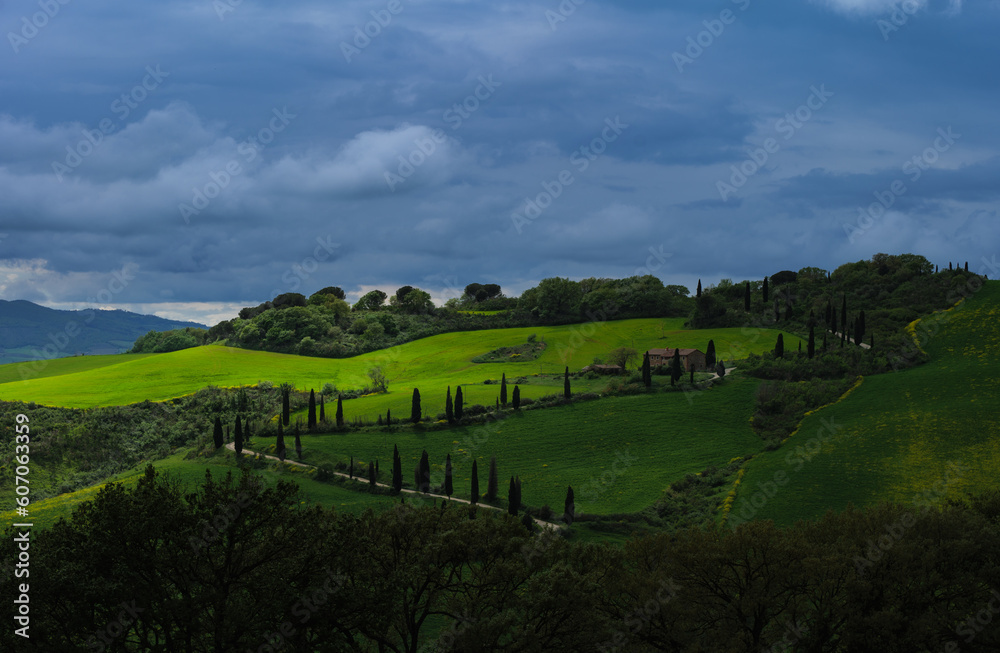 Tuscany fields in springtime, cloudy day mood, Val d'Orca, Pienza region