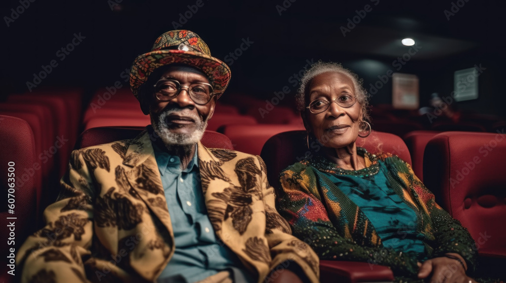 Obraz premium Elderly Afro American couple in cinema created with generative AI technology