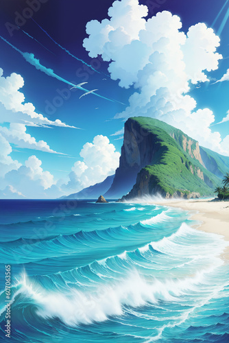 Oceantic water waves, Colorful Cartoon-Realistic Style, Children's Book Illustrations, Environmental Awareness Campaigns, Video Game Backgrounds. Rich Greenery Details for Nature-inspired Design  photo