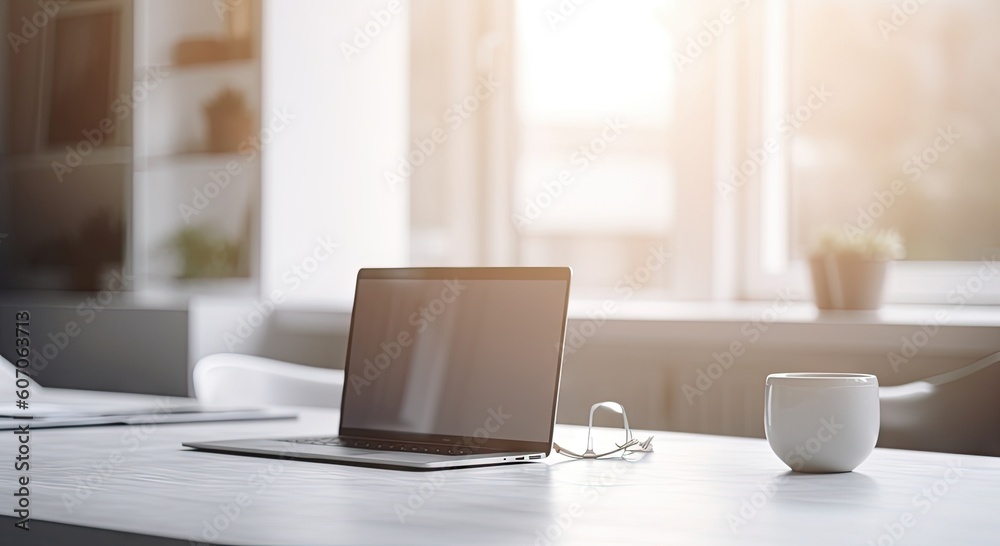 Modern Office Workspace. Laptop on a Business Desk in a Stylish Room Modern Office Workspace. Laptop on a Business Desk in a Stylish Room