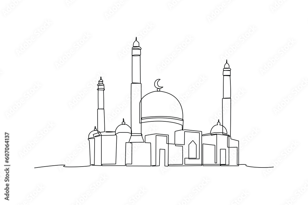 Single one-line drawing mosque for Muslims. Islamic new year concept. Continuous line drawing illustration