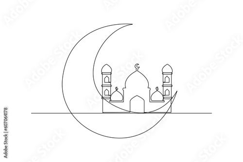 Single one-line drawing of a mosque and crescent moon. Islamic new year concept. Continuous line drawing illustration