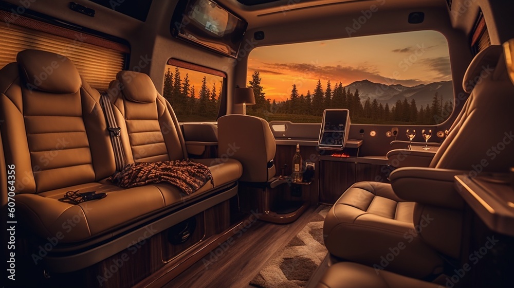 Fototapeta premium AI Explore the cozy and versatile interior of a camper van in this captivating photograph, showcasing the perfect balance of comfort and adventure on the road. Ideal for travel