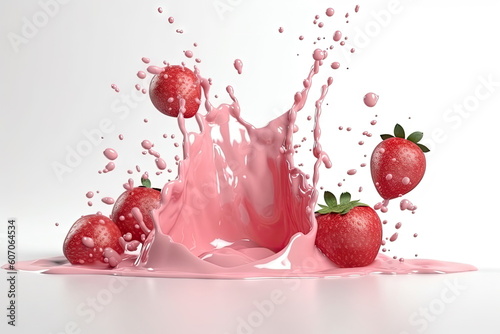 milk splash with strawberries on white background