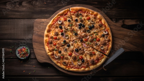 top view of pizza on wood background