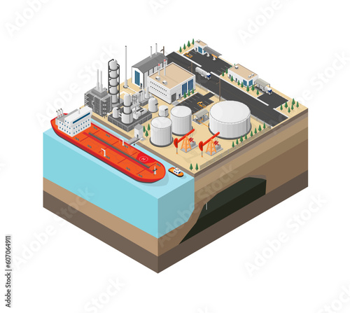 oil energy, diesel oil power plant, refinery, oil rig with isometric graphic