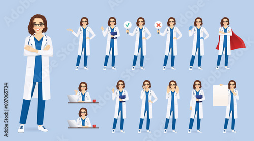 Female doctor or nurse set in different poses vector illustration on blue background