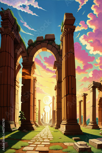 Roman forum ruins, Colorful Cartoon-Realistic Style, Children's Book Illustrations, Environmental Awareness Campaigns, Video Game Backgrounds. Rich Greenery Details for Nature-inspired Design  photo