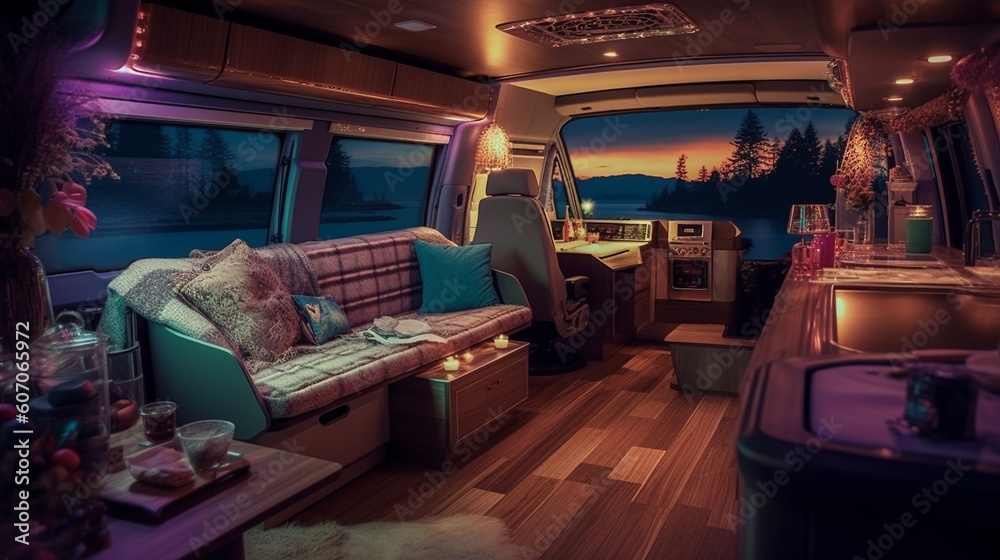 AI Explore the cozy and versatile interior of a camper van in this captivating photograph, showcasing the perfect balance of comfort and adventure on the road. Ideal for travel enthusiasts and van lif AI Explore the cozy and versatile interior of a camper van in this captivating photograph, showcasing the perfect balance of comfort and adventure on the road. Ideal for travel enthusiasts and van lif