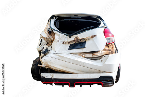 Behind of white car get damaged by accident on the road. damaged cars after collision. isolated on transparent background, PNG file