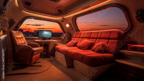 AI Explore the cozy and versatile interior of a camper van in this captivating photograph, showcasing the perfect balance of comfort and adventure on the road. Ideal for travel enthusiasts and van lif © cristian