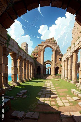 Roman forum ruins  Colorful Cartoon-Realistic Style  Children s Book Illustrations  Environmental Awareness Campaigns  Video Game Backgrounds. Rich Greenery Details for Nature-inspired Design 