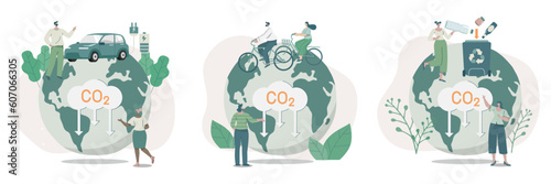 Set of climate change problem concepts. People care about the ecology and the environment. Using clean energy to reduce CO2 emissions.
Sustainable Environmental Management. Vector design illustration.