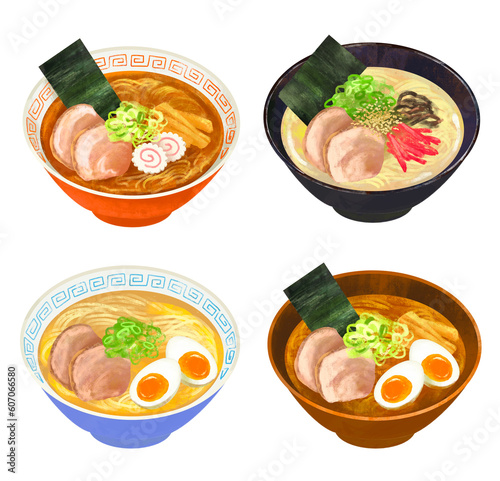 ラーメン　イラストセット　醤油　とんこつ　味噌　塩