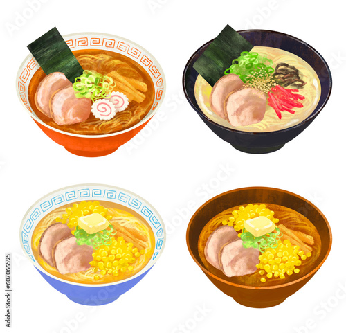 ラーメン　イラストセット　醤油　とんこつ　味噌　塩