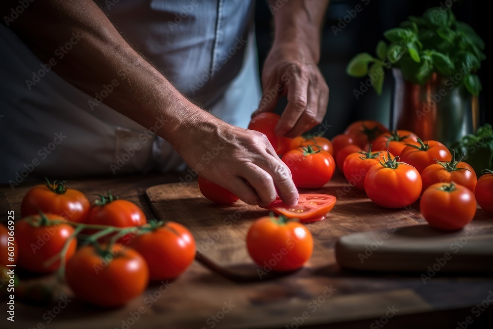 Chef cuts fresh premium tomatoes on a table. Generative AI Chef cuts fresh premium tomatoes on a table. Generative AI