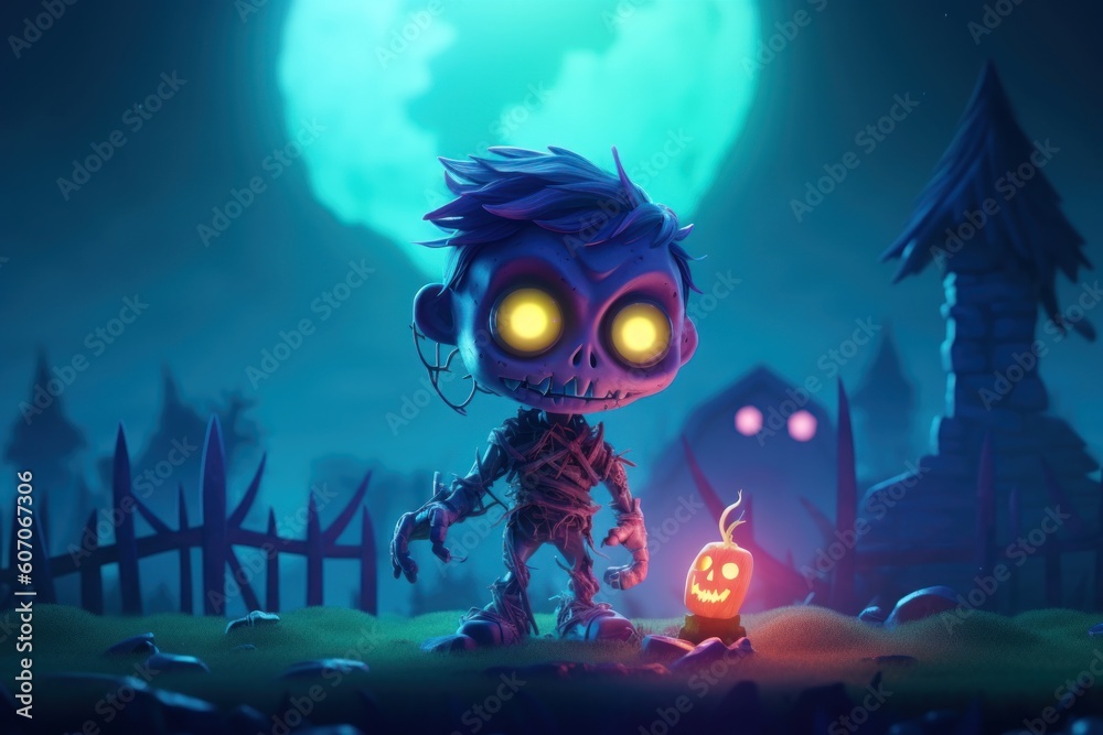 Cute cartoon character little zombie on graveyard in spooky death Forest At Halloween Night. Cute cartoon character little zombie on graveyard in spooky death Forest At Halloween Night.