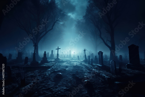 Graveyard in spooky death Forest At Halloween Night. Fototapet