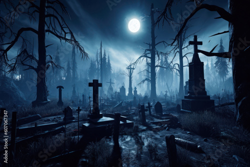 Graveyard in spooky death Forest At Halloween Night.