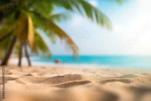 Selective focus on sand with blurred Palm on beach bokeh background.
