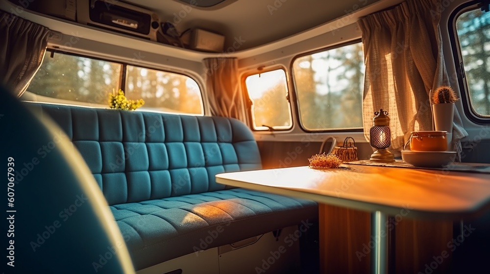 AI Explore the cozy and versatile interior of a camper van in this captivating photograph, showcasing the perfect balance of comfort and adventure on the road. Ideal for travel enthusiasts AI Explore the cozy and versatile interior of a camper van in this captivating photograph, showcasing the perfect balance of comfort and adventure on the road. Ideal for travel enthusiasts
