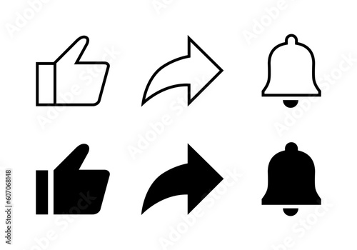 Like, share, and notification bell icon vector. Elements to promote video channel subscriptions