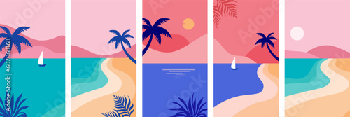 Vertical social media summer stories design templates with copy space for text. Tropical landscape backgrounds for banner, greeting card, poster and advertising - summertime vibes concept.