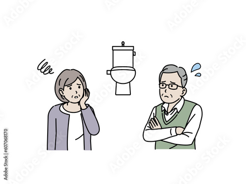 頻尿に困る高齢者、老夫婦のイラスト