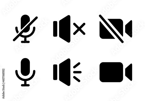 Mute microphone, silent speaker, and video cam off icon. Vector illustration