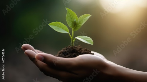 Close Up Plant in male Hands. Care of the Environment. Ecology concept. Generative AI