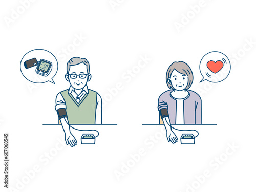 血圧を測る高齢者、老夫婦のイラスト