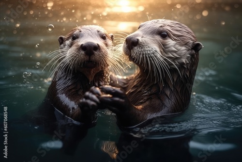 Adorable Otter Duo: Playful Otters Holding Hands in the Water