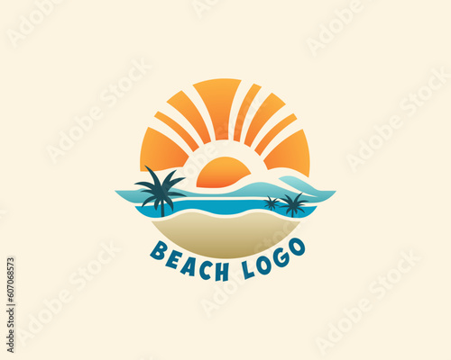 Summer Beach logo design template with sunlight and sand with palms, simple gradient summer colors