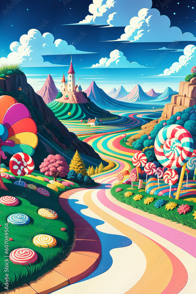 Candyland landscape, Scene in Cartoon-Realistic Style, Children's Book Illustrations, Environmental Awareness Campaigns, Video Game Backgrounds. Rich Greenery Details for Nature-inspired Design 