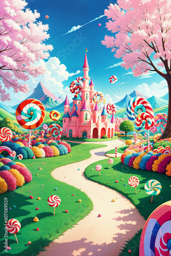 Candyland landscape, Scene in Cartoon-Realistic Style, Children's Book Illustrations, Environmental Awareness Campaigns, Video Game Backgrounds. Rich Greenery Details for Nature-inspired Design 