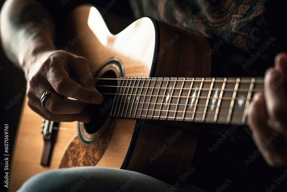 Fototapeta premium Musician Hands Playing a Beautiful Melody on an Acoustic Guitar extreme closeup. Generative AI